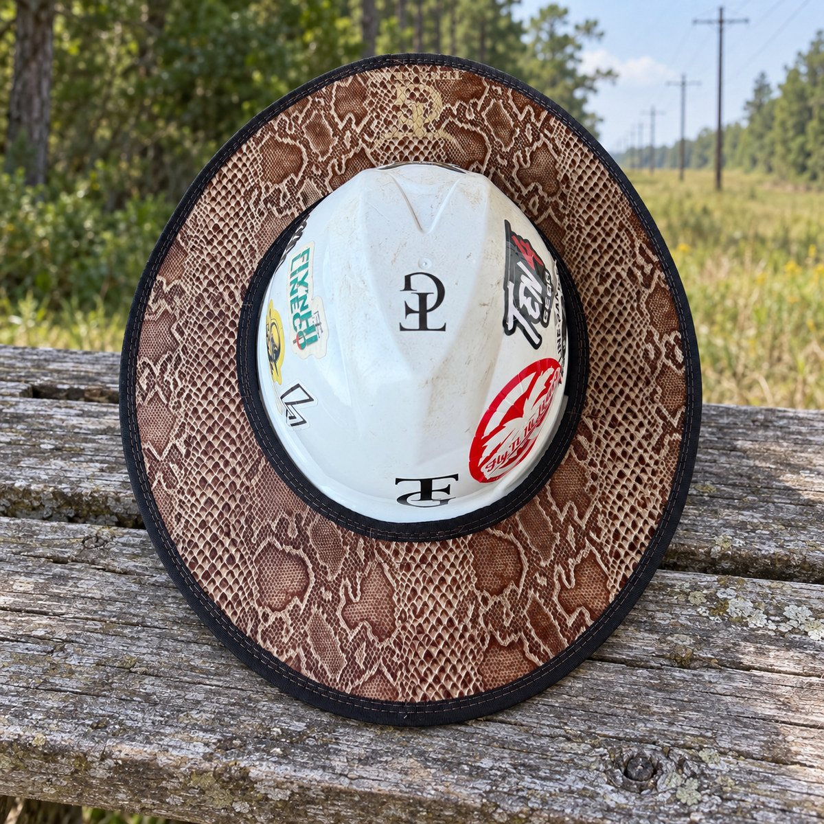 Serpent python embossed sunshade on an outdoor bench beside a powerline right-of-way