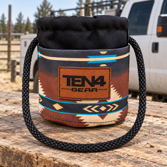 RanchHand Grunt Sack with black drawstring top and TEN4 Gear patch on a rustic wood table beside a work truck