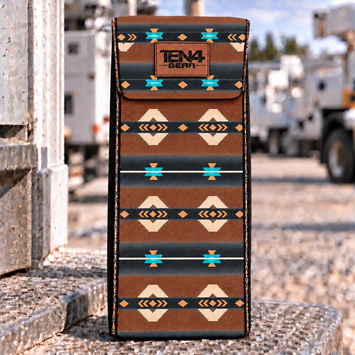 TEN4 Gear RanchHand Lineman glove and sleeve bag with approved horizontal brown, charcoal, cream and turquoise pattern