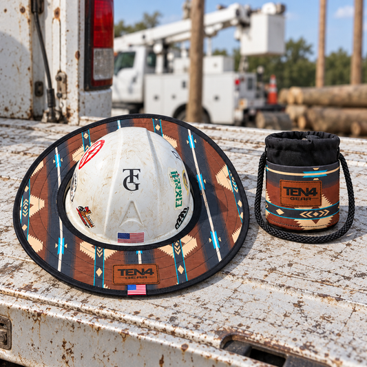 RanchHand matching sunshade fitted around a white hard hat on a truck tailgate, with the smaller matching Grunt Sack beside it; hard hat not included; edited lifestyle image.