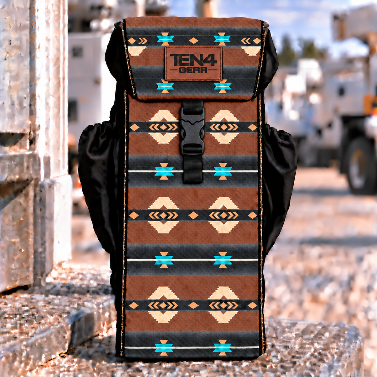TEN4 Gear RanchHand Utility glove and sleeve bag with approved horizontal brown, charcoal, cream and turquoise pattern