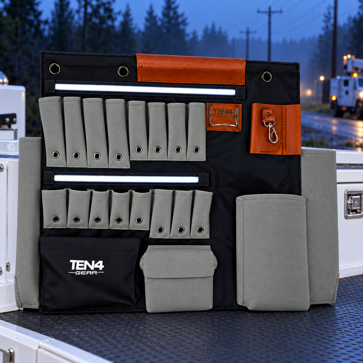 Ranger Green 32-inch TEN4 G Board with white LED glow at an outdoor utility worksite