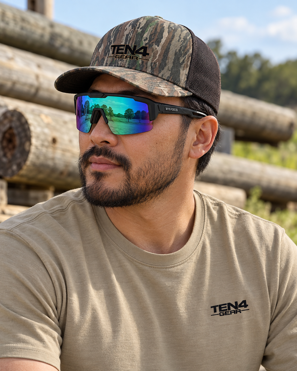 Lifestyle model mockup wearing Z87+ REACTIV Green Revo and TEN4 apparel outdoors.