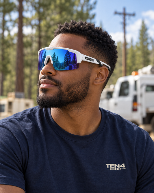 Lifestyle model mockup wearing Z87+ REACTIV WHITE BLAST and TEN4 apparel outdoors.