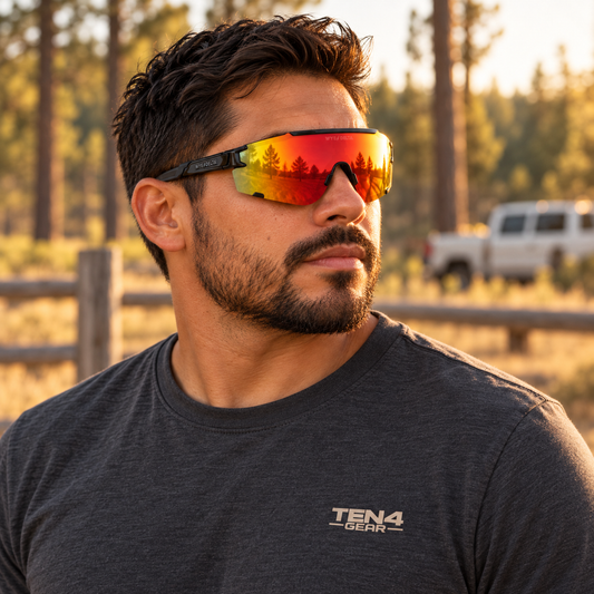 Lifestyle model mockup wearing Z87+ HiViz 2.0 Red Revo with TEN4 apparel outdoors.