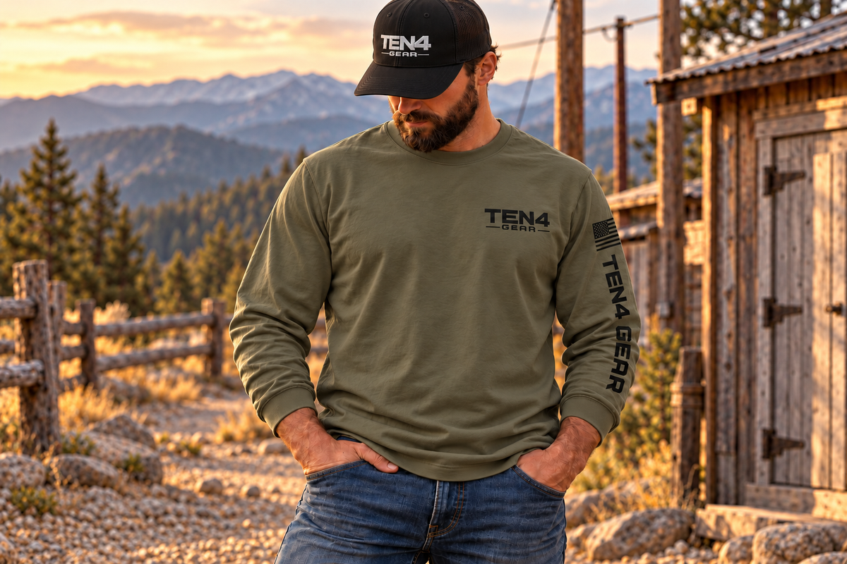 TEN4 Signature Sleeve in Military Green, one-line left sleeve logo and flag, model with actual black mesh trucker hat