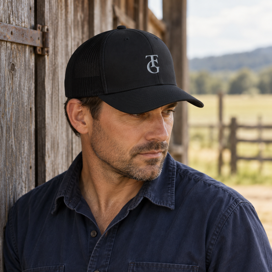 Black TEN4 TFG symbol trucker hat with silver-gray embroidery, shown on a model looking to the side beside a wooden barn.