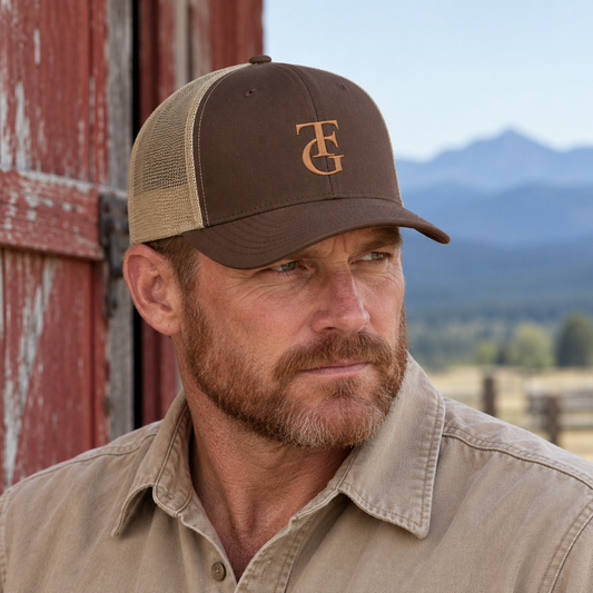 Brown khaki TEN4 TFG symbol trucker hat with warm tan embroidery on a model beside a barn