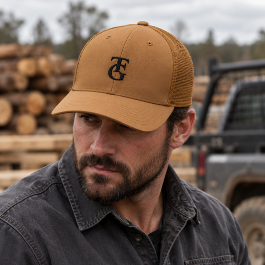 Caramel TEN4 TFG symbol hat with black stitching on a model in an equipment yard