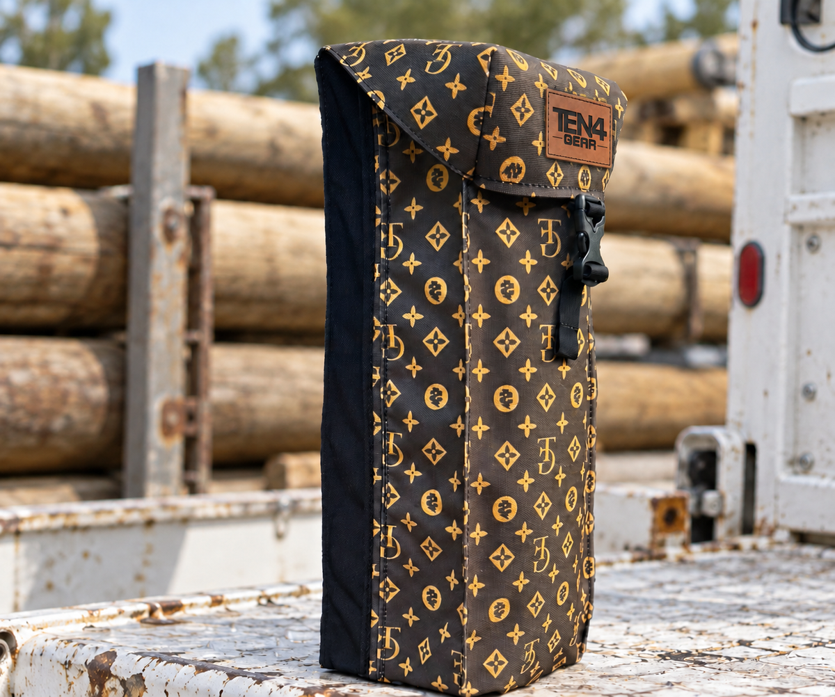 TG Brown Classic with Buckled Formed Lid and approved rectangular TEN4 GEAR leather patch — shared 18 and 20 inch photo