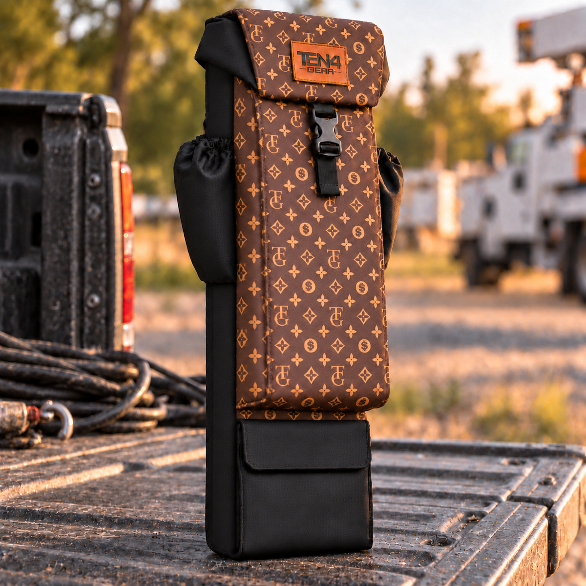 TEN4 Gear TG Brown 29-inch Utility bag, matching patterned gusset, black rear backing and lid sides