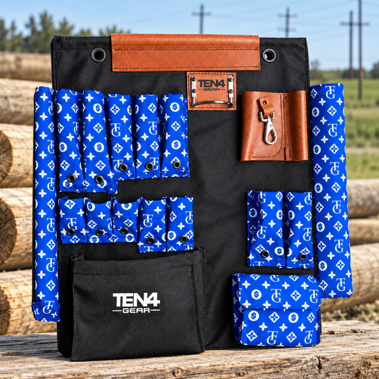 TG Royal 24-inch TEN4 Tool Board beside wooden utility poles at a line construction worksite