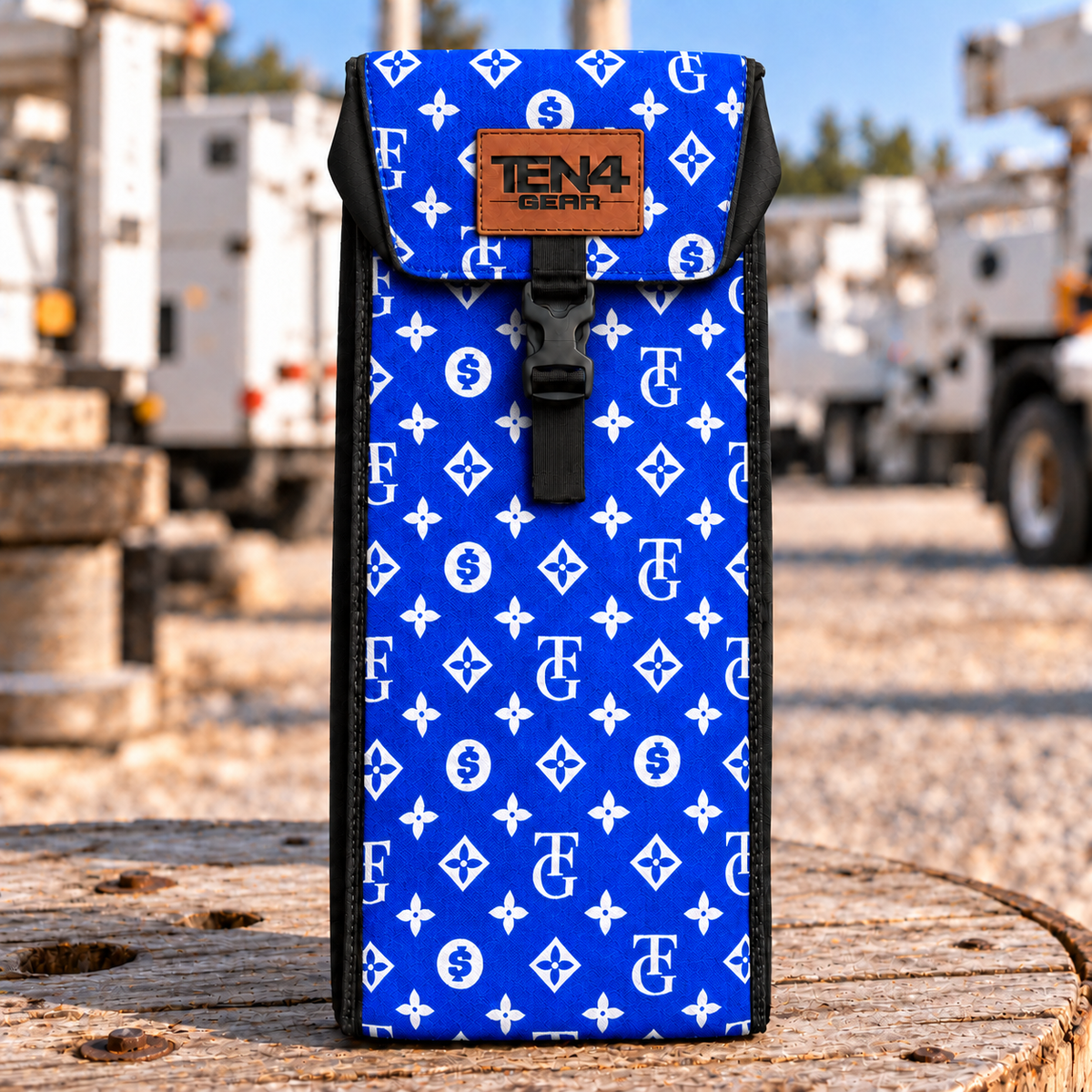 TG Royal blue Classic with Buckled Formed Lid — shared full-height 18 and 20 inch photo; approved TEN4 GEAR patch
