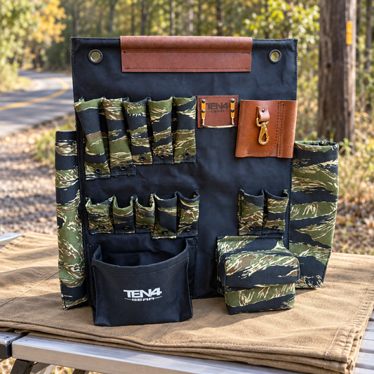 Tiger Stripe 24-inch TEN4 Tool Board on a shaded roadside utility workbench