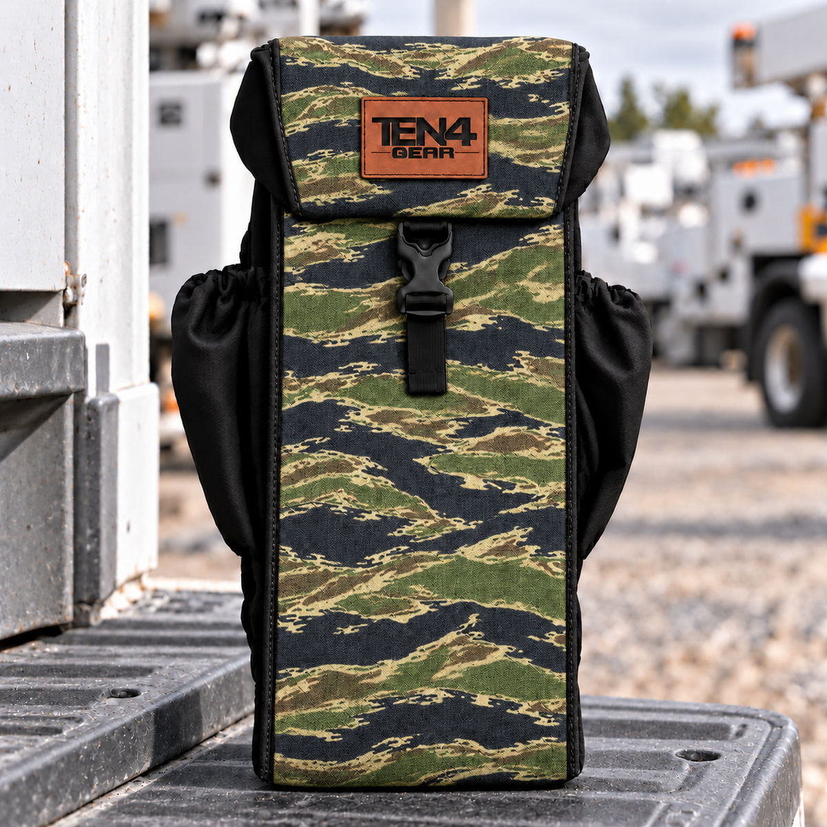 TEN4 Gear Tiger Stripe Utility glove bag with formed buckle lid and black side pockets — pattern placement varies
