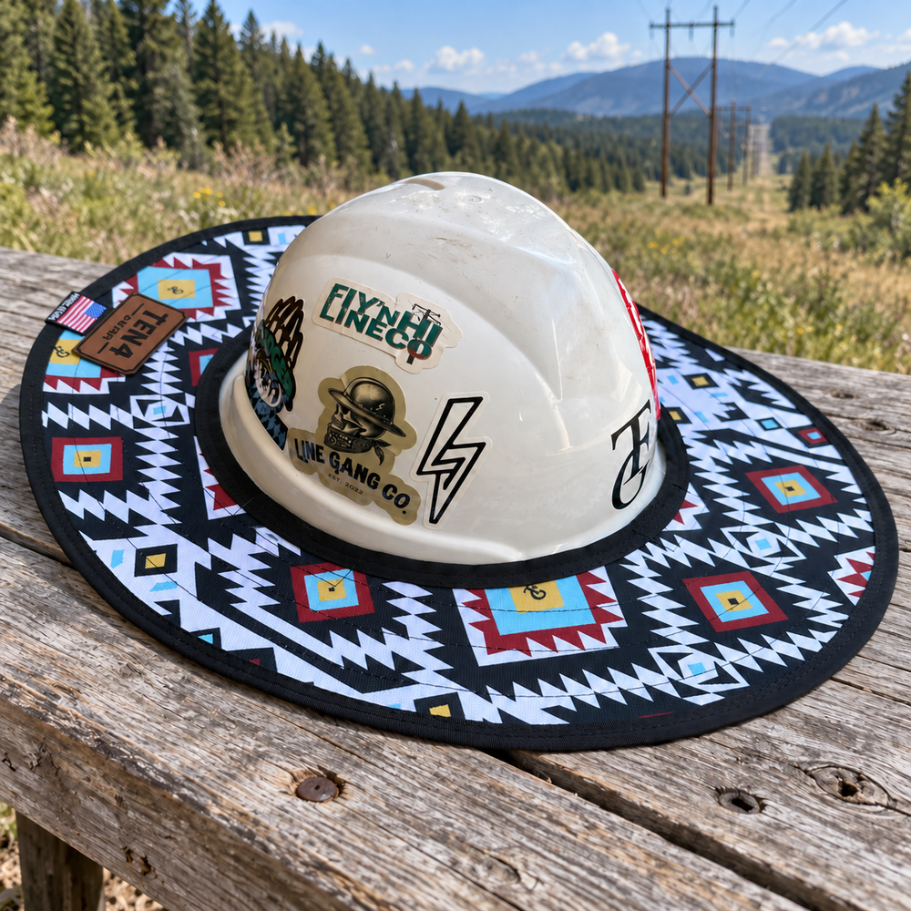 Tomahawk sunshade on an outdoor bench beside a mountain powerline right-of-way