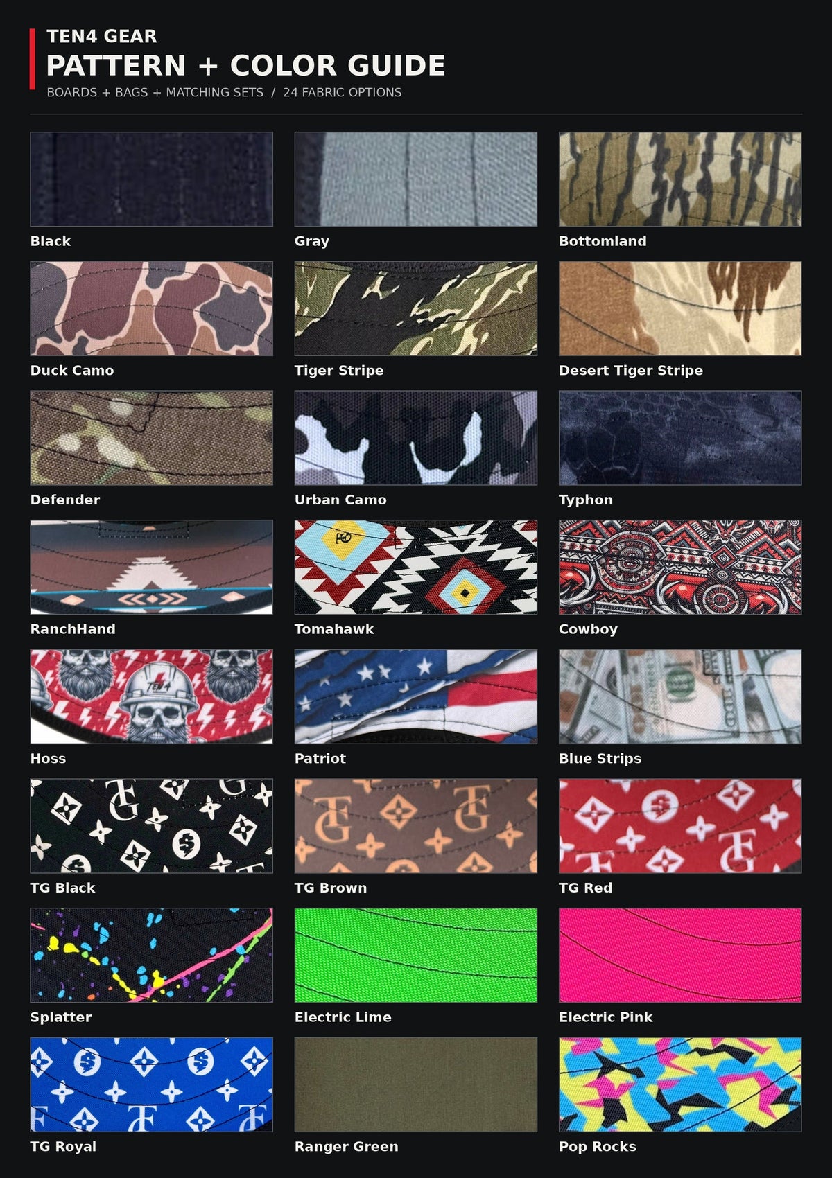 Ten4 Gear pattern and color guide with 24 fabric choices for boards, bags, and matching sets.