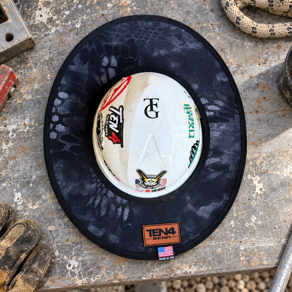 Typhon Camo hard hat sunshade with current rear TEN4 patch
