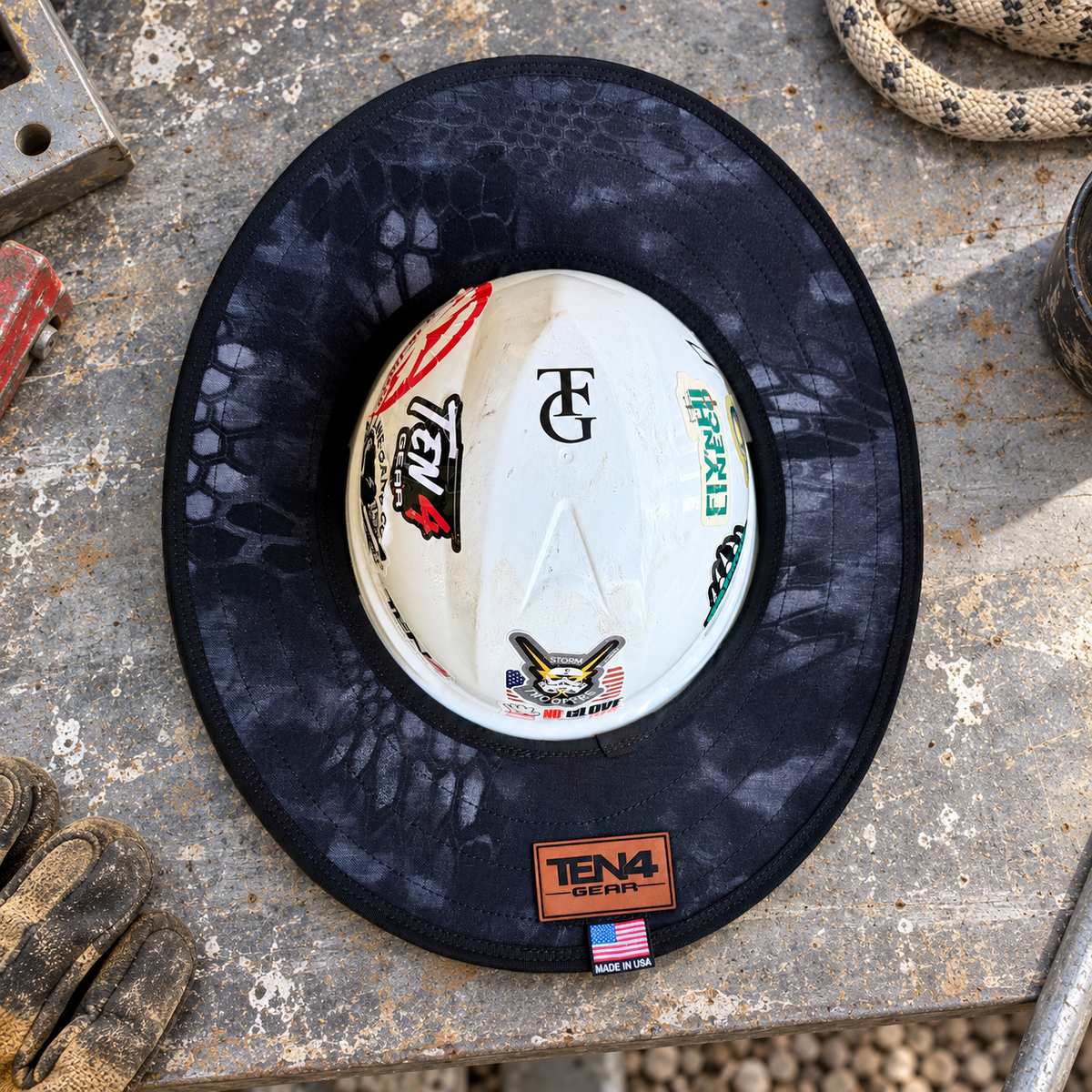 Typhon Camo hard hat sunshade with current rear TEN4 patch