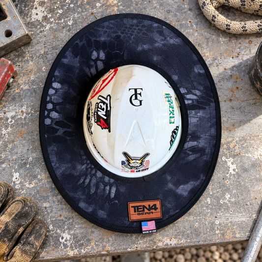 Typhon Camo hard hat sunshade with current rear TEN4 patch