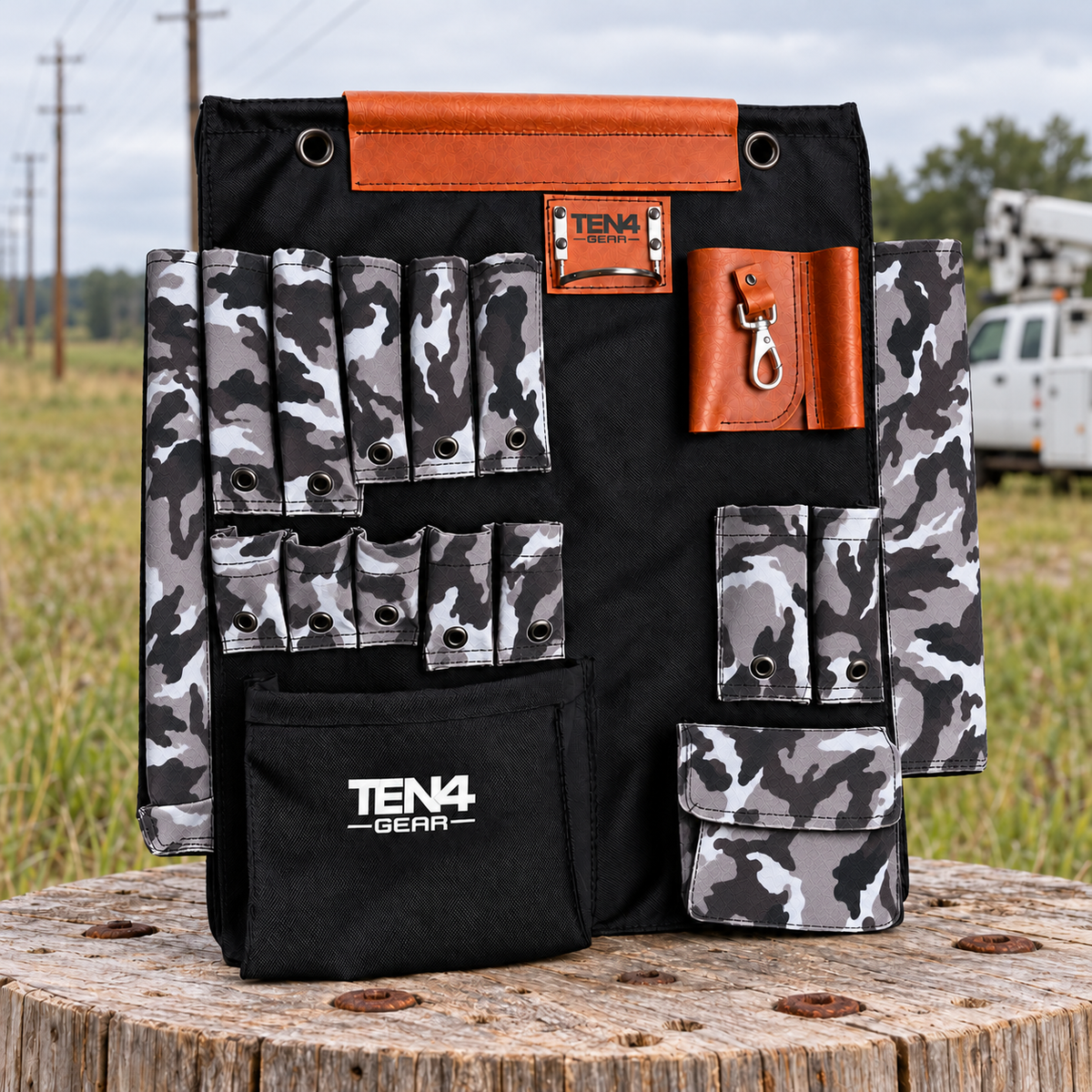 Urban Camo 24″ Tool Board — jobsite main photo; Urban fabric matched to approved 29 inch bag reference
