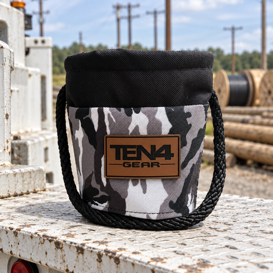 Urban Camo Grunt Sack with current TEN4 patch on a utility truck at a linework site