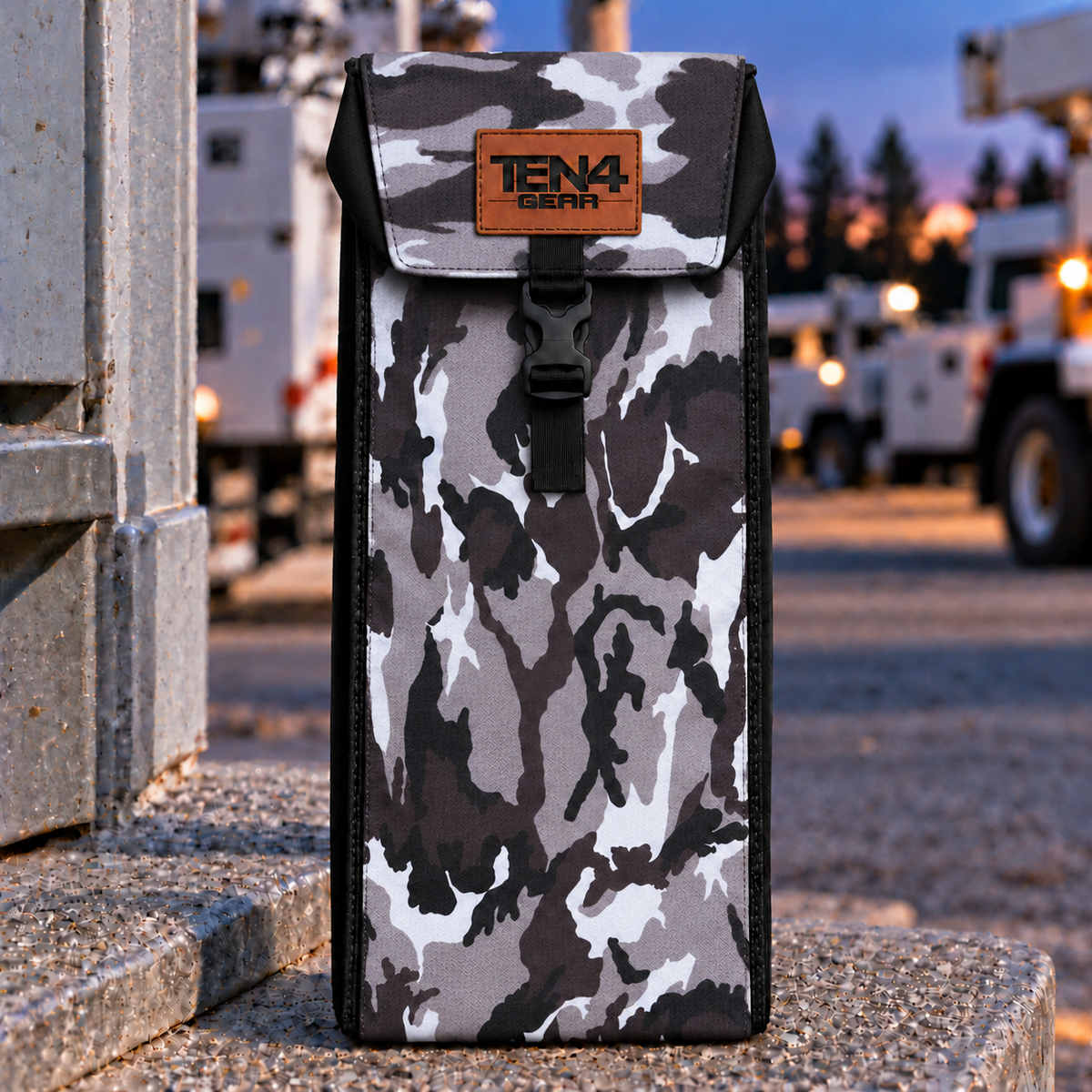 Urban Camo Classic Glove & Sleeve Bag — Buckled Formed Lid; shared full-height 18 and 20 inch photo; approved TEN4 GEAR patch