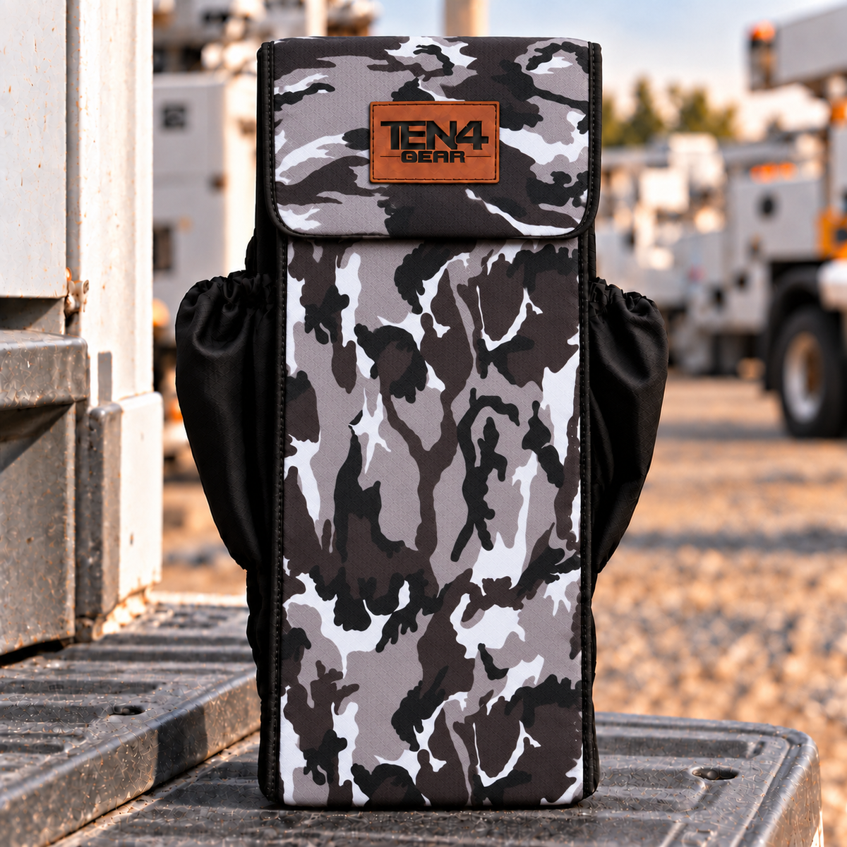 Urban Camo Utility Glove & Sleeve Bag — Velcro Flap; shared full-height 18 and 20 inch photo; approved TEN4 GEAR patch