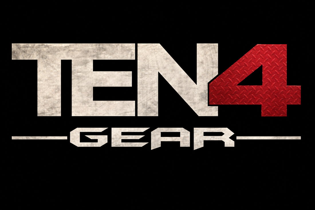 TEN4 Gear logo in warm ivory distressed metal and deep red diamond plate