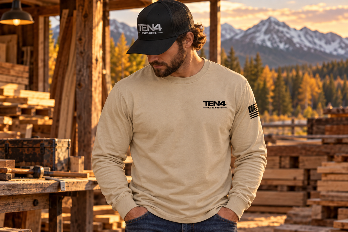 TEN4 workdaysand with natural cotton texture, actual black mesh trucker cap and warm fall scenery