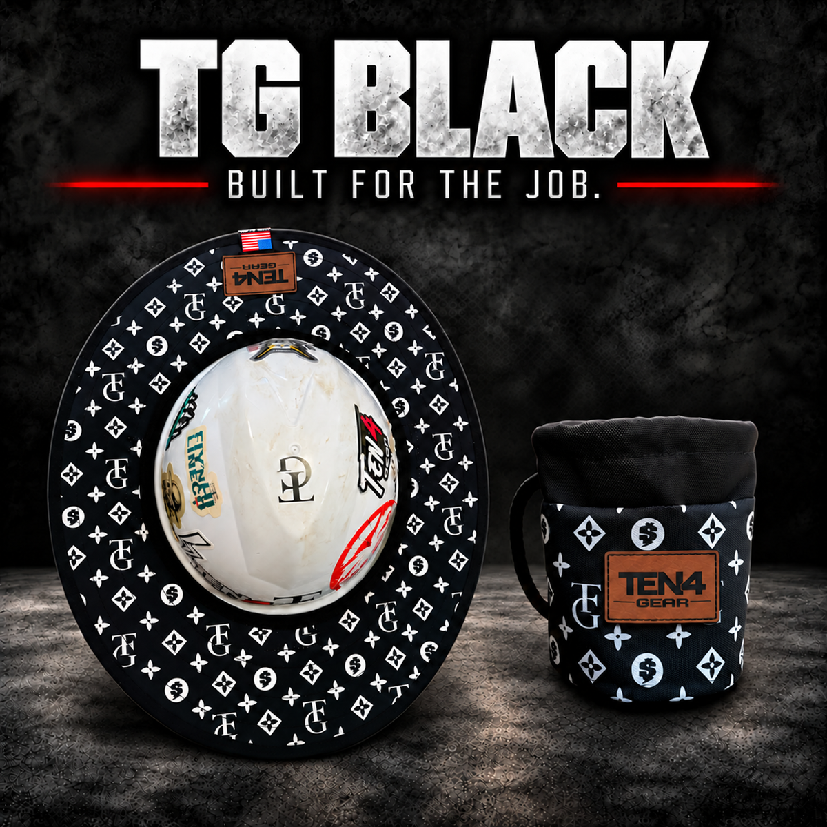 TG Black matching set with matching brown rectangular TEN4 Gear patches; hard hat not included