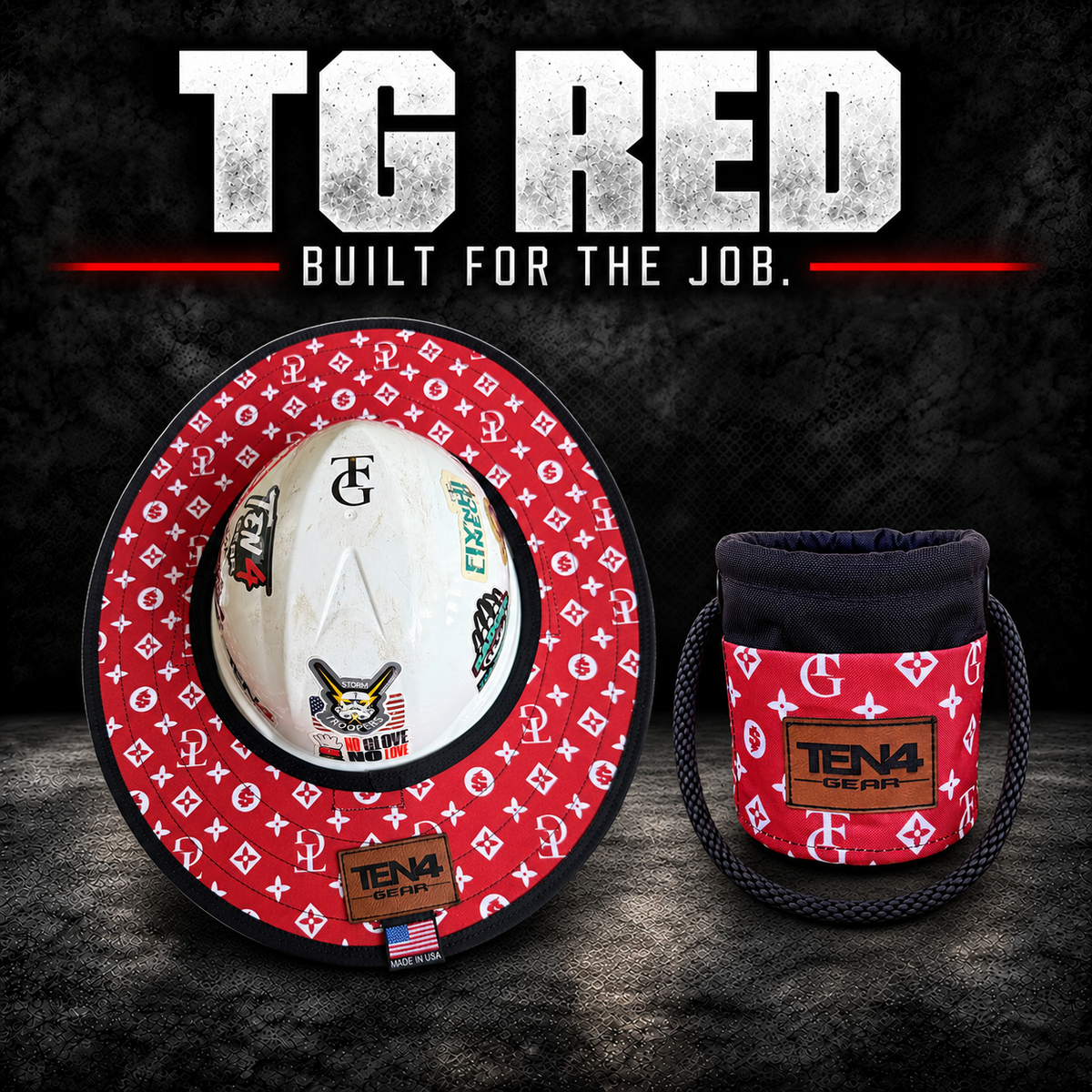 TG Red matching sunshade and Grunt Sack set; brown TEN4 Gear patches; hard hat not included