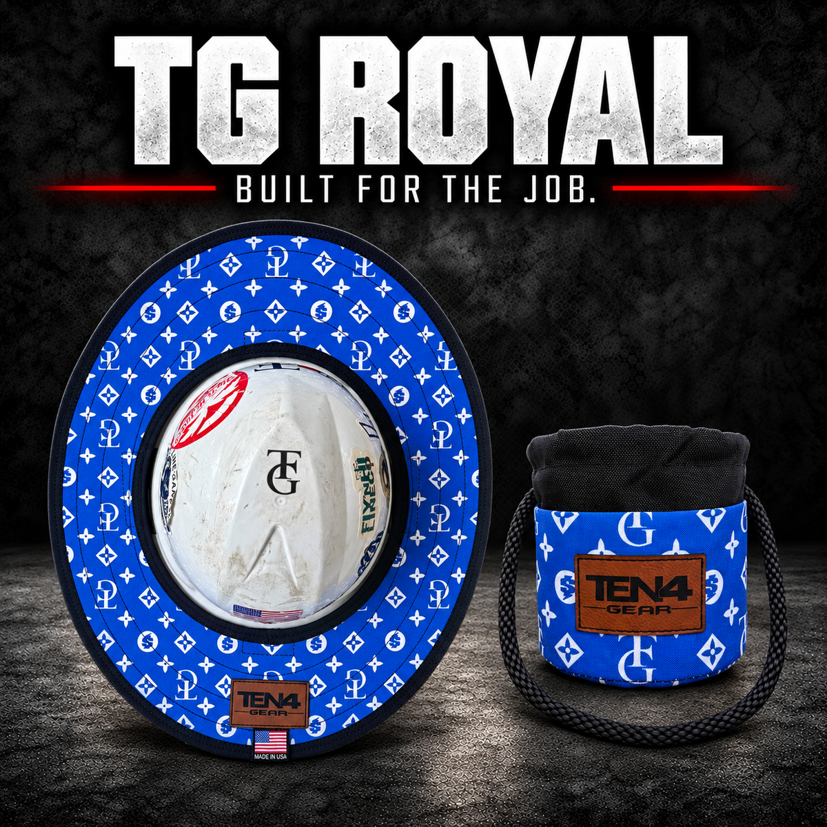 TG Royal matching sunshade and Grunt Sack set; brown TEN4 Gear patches; hard hat not included