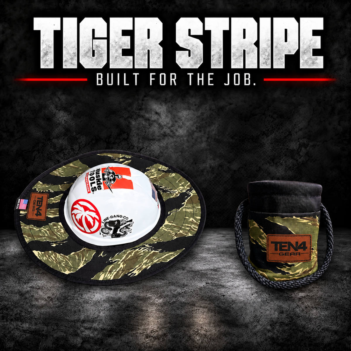 Tiger Stripe matching set with matching brown rectangular TEN4 Gear patches; hard hat not included