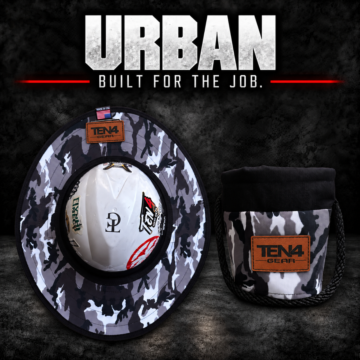 Urban Camo matching set with matching brown rectangular TEN4 Gear patches; hard hat not included